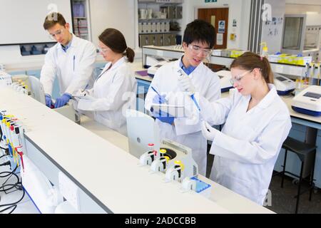 Chemistry students in an undergraduate teaching laboratory putting samples into eppendorf tubes and loading them into centrifuges Stock Photo