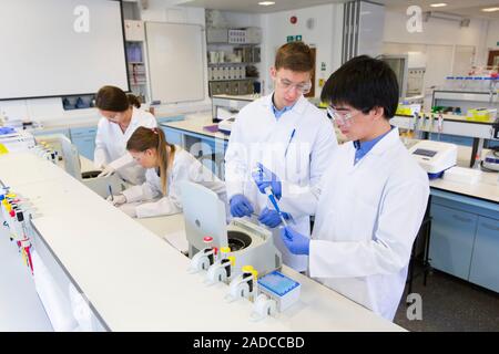 Chemistry students in an undergraduate teaching laboratory putting samples into eppendorf tubes and loading them into centrifuges Stock Photo
