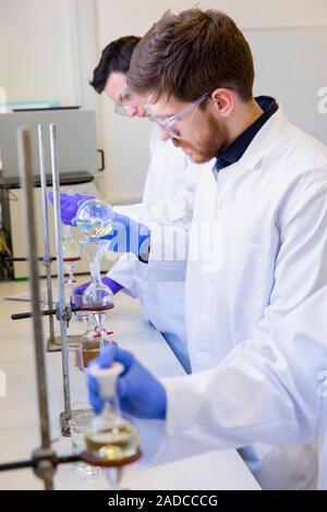 Chemistry students using separating funnels for solvent-based extractions in an undergraduate teaching laboratory. Stock Photo
