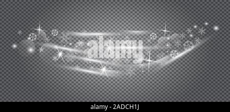 Snow is falling banner vector. Snowflakes and sparkles are flowing on transparent background. White snowballs for xmas and New year greeting cards Stock Vector