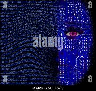 Artificial intelligence. Abstract image of a human face, electronic circuits and digital data, representing artificial intelligence and cybernetics. Stock Photo
