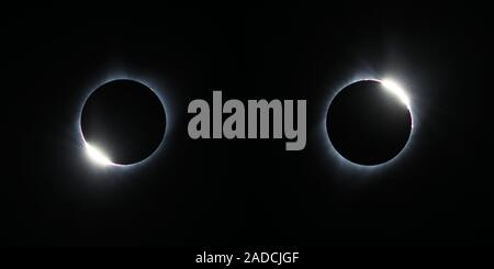 Diamond ring effect at the beginning (left) and end (right) of totality during the total solar eclipse of August 21st 2017.This effect is seen when a Stock Photo