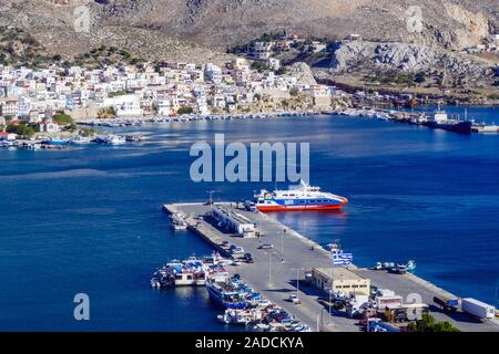 Dodecanese Seaways catamaran leaving Port town of Pothia, Kalymnos, Dodecanese, Greece, Aegean Sea, Mediterranean, Stock Photo