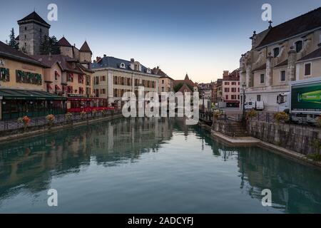 ANNECY, FRANCE - SEPTEMBER 13, 2019 : sun rise in downtown of Annecy, nicknamed the 'Pearl of French Alps'. Stock Photo