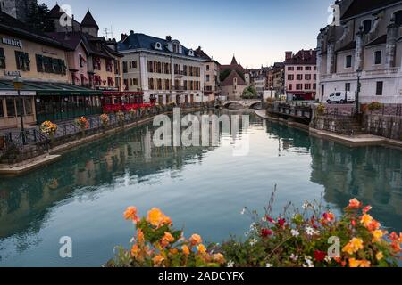 ANNECY, FRANCE - SEPTEMBER 13, 2019 : sun rise in downtown of Annecy, nicknamed the 'Pearl of French Alps'. Stock Photo