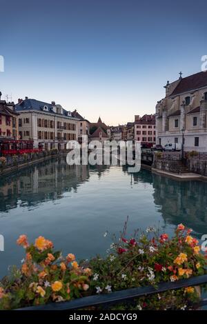 ANNECY, FRANCE - SEPTEMBER 13, 2019 : sun rise in downtown of Annecy, nicknamed the 'Pearl of French Alps'. Stock Photo