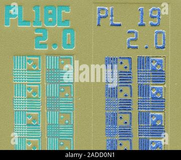 Computer chip. Coloured scanning electron micrograph (SEM) of a computer chip (microchip, microprocessor, integrated circuit) surface. Microchips are Stock Photo