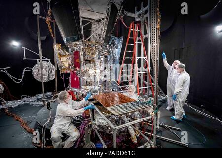 Parker Solar Probe preparation. Parker Solar Probe being prepared for space environment testing in the thermal vacuum chamber at NASA's Goddard Space Stock Photo