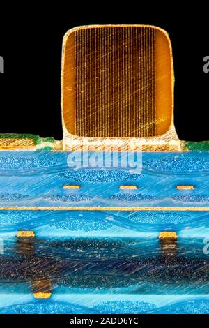 Light micrograph of a section through a computer printed circuit board (PCB) with surface mounted ceramic capacitor. A small part of a PCB was embedde Stock Photo