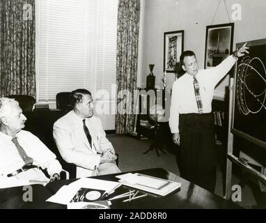 Oberth and von Braun spaceflight presentation, 1958. At right, US rocket scientist Charles Arthur Lundquist (1928-2017) is giving a presentation on or Stock Photo