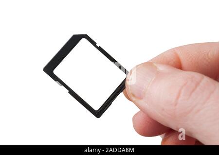 Man fingers hold a blank label SD (standard definition) memory card, isolated on white background Stock Photo
