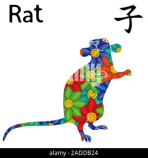 Chinese Sign Rat, symbol of New Year on the Eastern calendar, vector stencil with colorful floral pattern isolated on a white background Stock Vector