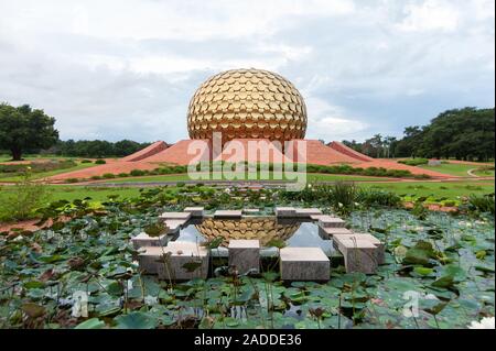 AUROVILLE, INDIA - December 2019: The Matrimandir and the Park of Unity. Stock Photo