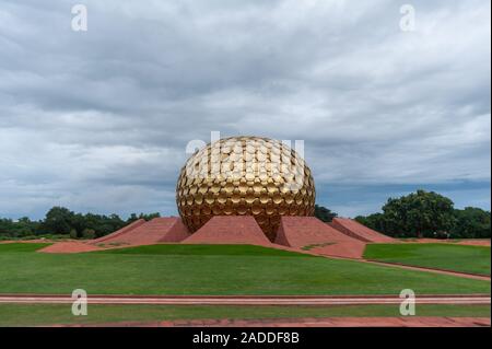 AUROVILLE, INDIA - December 2019: The Matrimandir and the Park of Unity. Stock Photo