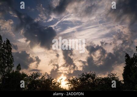 Altocumulus floccus clouds at sunset. Altocumulus clouds occur at middle altitudes (2400-6000 metres). There are several types of altocumulus clouds. Stock Photo