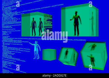 Artificial intelligence. Conceptual artwork of computer coding and screen avatars, representing concepts such as artificial intelligence, intelligent Stock Photo