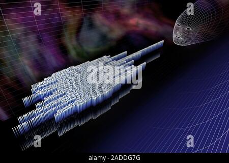 Artificial intelligence. Conceptual artwork of binary code (lower left) and a screen avatar (top right), representing concepts such as artificial inte Stock Photo