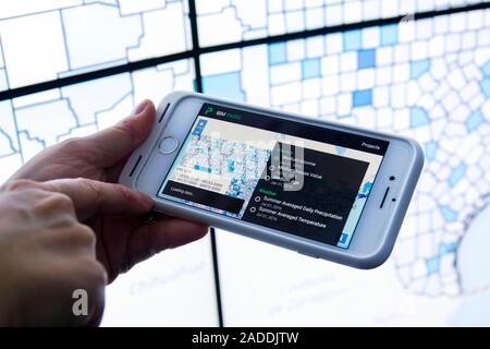 IBM PAIRS Geoscope research. Researchers using a phone to view a visualization from the IBM PAIRS Geoscope website (Physical Analytics Integrated Data Stock Photo