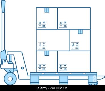 Hand Hydraulic Pallet Truc With Boxes Icon. Thin Line With Blue Fill Design. Vector Illustration. Stock Vector