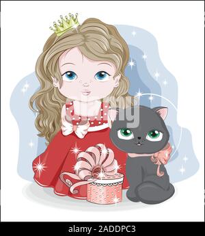 baby princess wiht crown and cute white cat, with gift box. Picture in hand drawing cartoon style, for t-shirt wear fashion print design, Happy birthd Stock Vector