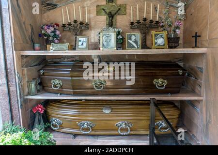 coffins displayed inside Mausoleums in La Recoleta Cemetery, Junin, Buenos Aires, Argentina, South America, Stock Photo