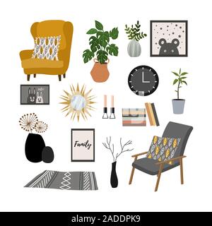 A set of isolated interior and furniture items - armchairs, pillows, vases and flower pots, a clock, a mirror, a rug and more. Vector illustration. Stock Vector