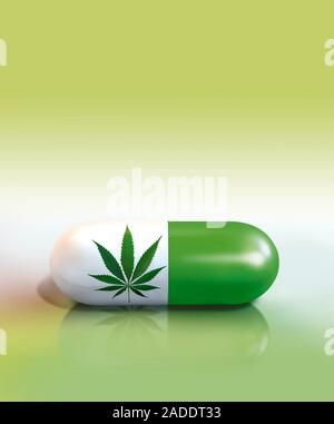 Medical cannabis, conceptual image. Leaf of the cannabis plant (Cannabis sativa) on a pill. Cannabis (also known as marijuana) is an illicit drug cont Stock Photo
