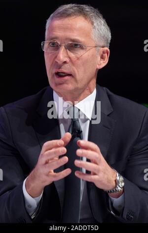 London, UK. 3rd Dec, 2019. NATO Secretary General Jens Stoltenberg makes a speech at the NATO Engages event in London, Britain on Dec. 3, 2019. Credit: Ray Tang/Xinhua/Alamy Live News Stock Photo