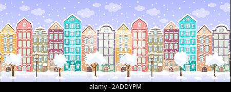 Seamless border of winter retro colorful houses, trees, lanterns in snow, exterior urban landscape, city background. European facades in row, ice, sno Stock Vector