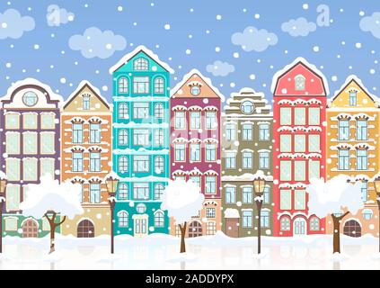 Seamless border of winter retro colorful houses, trees, lanterns in snow, exterior urban landscape, city background. European facades in row, ice, sno Stock Vector