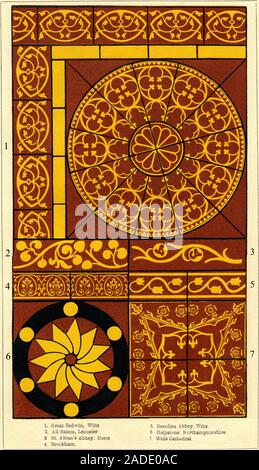 Examples of various ceramic inlaid tile patterns found in seven English churches. Inlaid tiles, or encaustic tiles as they are also called, are fired Stock Photo