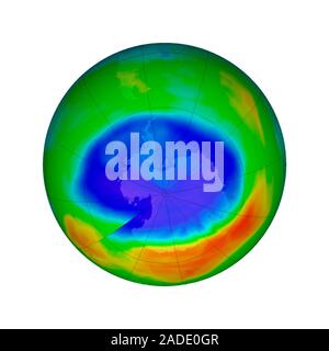 Antarctic ozone hole maximum. Satellite image of the maximum extent in 2017 of the ozone hole (blue) over Antarctica (centre). Ozone layer thicknesses Stock Photo