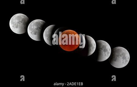 Total lunar eclipse of July 2018. Time-lapse sequence of nine images showing the progression (from right to left) of the total lunar eclipse of 27 Jul Stock Photo