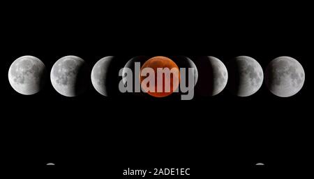 Total lunar eclipse of July 2018. Time-lapse sequence of nine images showing the progression (from right to left) of the total lunar eclipse of 27 Jul Stock Photo