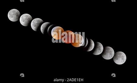 Total lunar eclipse of July 2018. Time-lapse sequence of thirteen images showing the progression (from right to left) of the total lunar eclipse of 27 Stock Photo