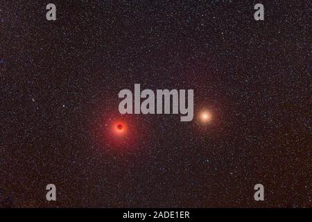 Total lunar eclipse and Mars. Alignment of Mars (right) and the Moon (left) during a total lunar eclipse, with the Earth moving between the Sun and th Stock Photo
