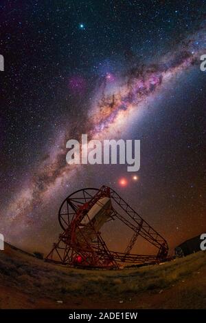 HESS telescope, Milky Way, total lunar eclipse and Mars, fish-eye lens view. The Milky Way is our galaxy seen from the inside, forming a band of stars Stock Photo