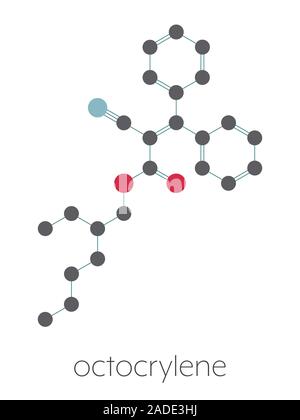 Octocrylene sunscreen molecule. Stylized skeletal formula (chemical structure). Atoms are shown as color-coded circles connected by thin bonds, on a w Stock Photo