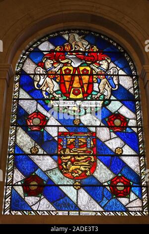 Lancashire County Council crest,stained glass window,Manchester Central Library,IN CONCILIO CONSILIUM - In council is wisdom