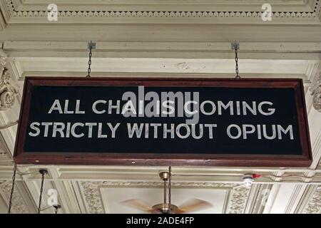 Indian Sign,All Chai is coming strictly without opium,Chaakoo Bombay Cafe, 79 St Vincent Street, Glasgow,Scotland,UK, G2 5TF Stock Photo