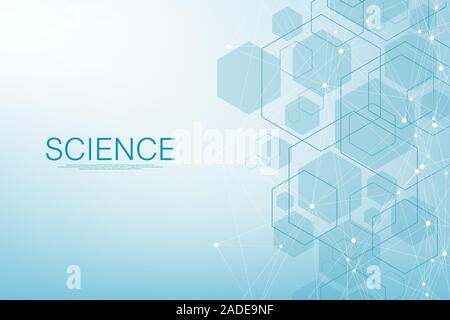 Geometric abstract background molecule with hexagons. Technology pattern with lines, dots, hexagons. Futuristic molecule shapes concept for medical Stock Vector