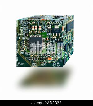 Circuit board cube floating in air over white background, composite image. Stock Photo