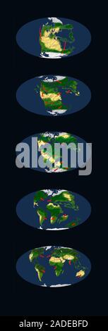 Pangaea break-up, global maps (elliptical projections). The Pangaea supercontinent formed about 300 million years ago, in the late Paleozoic Era (arou Stock Photo