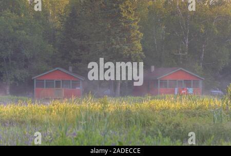 Early morning mist rises over a vacationer's cabin in northern Wisconsin. Stock Photo