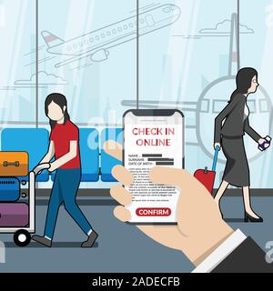 businessman as passenger using application for check in online at the airport. technology for travel concept. vector illustrator flat design Stock Vector