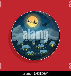 Christmas greeting banner in circle badge. reindeer with sleigh with gift box fly over winter landscape night. vector illustration Stock Vector