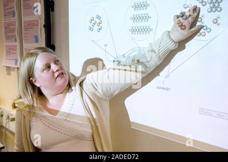 Secondary School teacher pointing at diagram projected onto a whiteboard whilst explaining the background of car combustion and air quality, part of a Stock Photo