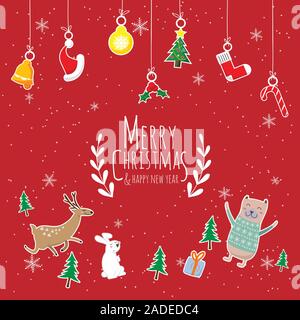 Merry Christmas & Happy New year. cute cartoon of animals character , christmas tree and gift box with text Merry Christmas hanging Christmas ornament Stock Vector