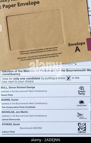 Candidates for Bournemouth West constituency on Ballot Paper for forthcoming Parliamentary general Election 2019 in UK with Ballot Paper envelope Stock Photo