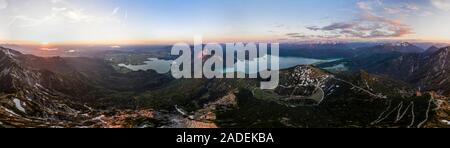 Mountain panorama, view from Herzogstand onto Lake Kochel and Lake Walchensee with Rabenkopf, Benediktenwand and Jochberg, Alps, Upper Bavaria Stock Photo